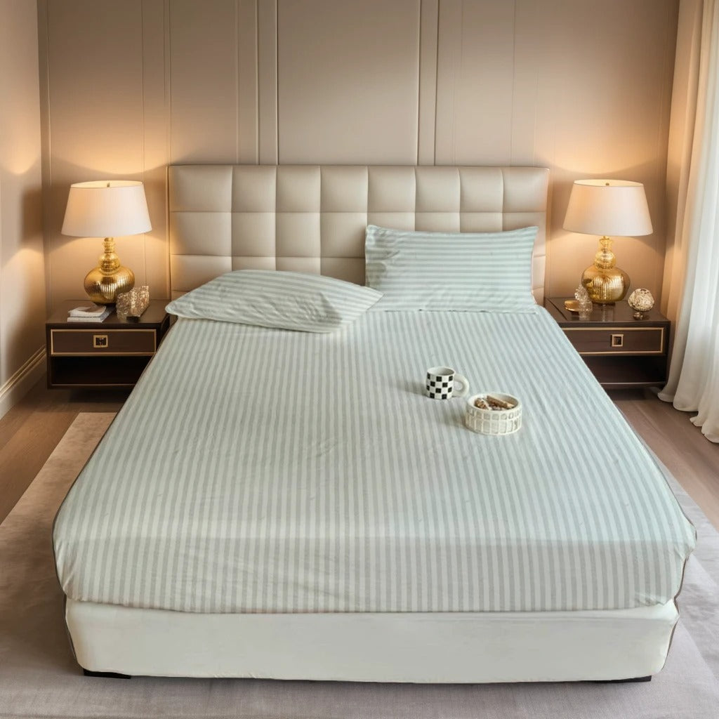 ivory stripe satin fitted bedsheet - (premium)