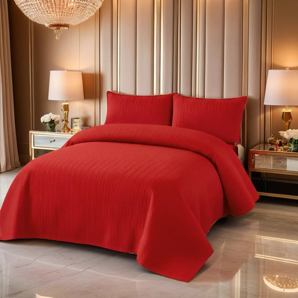 RED N.P BEDSPREAD SET - 3 PCS (PREMIUM)