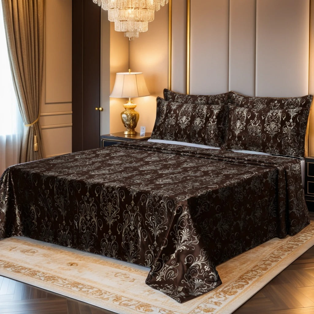 FLOWER/CHOCO VELVET BEDSHEET SET - 5 PCS