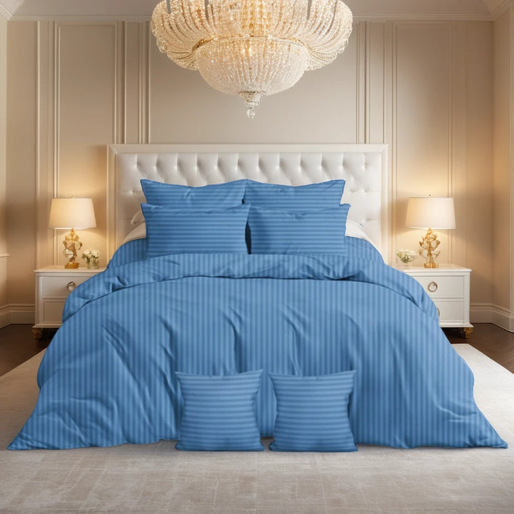 DUSTY BLUE SATIN STRIPE DUVET COVERS SET 8 PCS