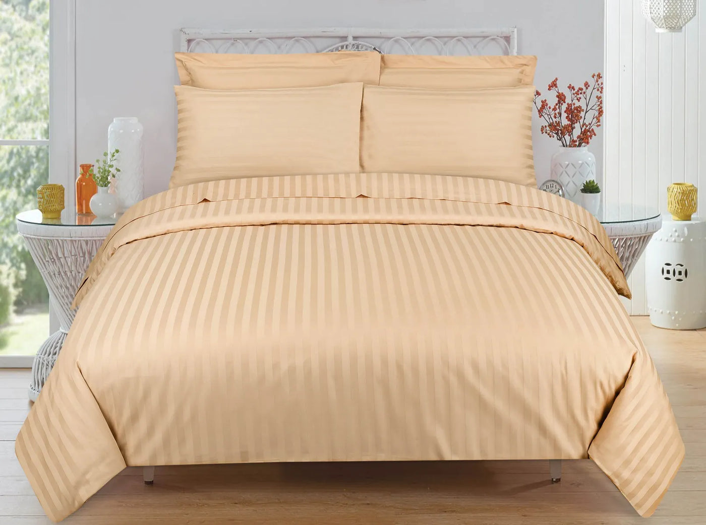 BEIGE SATIN STRIPE DUVET SET 8 PCS | EXPERIENCE UNMATCHED LUXURY