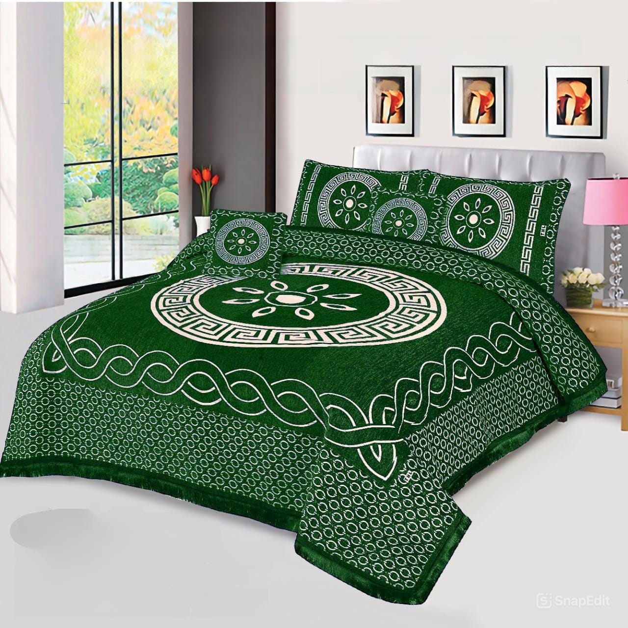 JACQUARD LUXURY D.GREEN BEDSHEET SET- 5 PCS