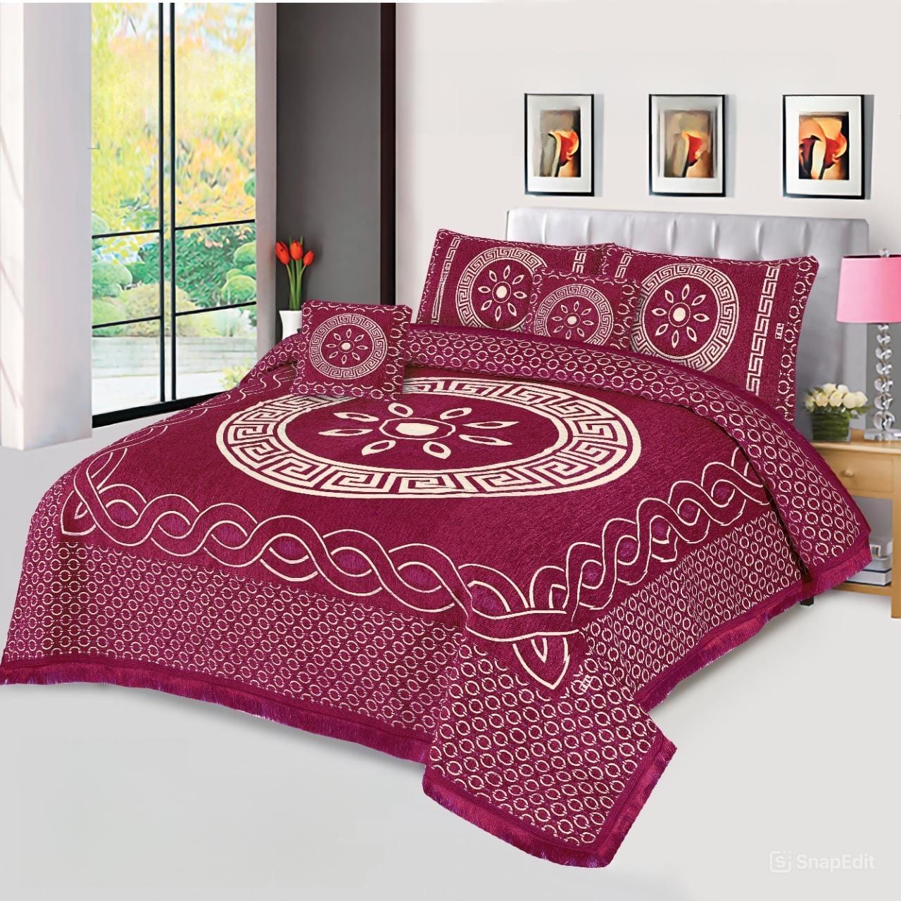 JACQUARD LUXURY HOTE PINK BEDSHEET SET- 5 PCS