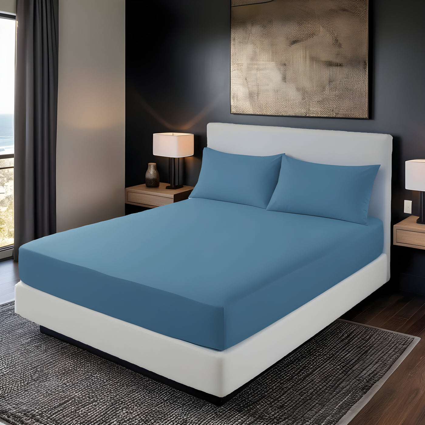 DUSTY BLUE  LUXURY FITTED SHEET- 3 PCS