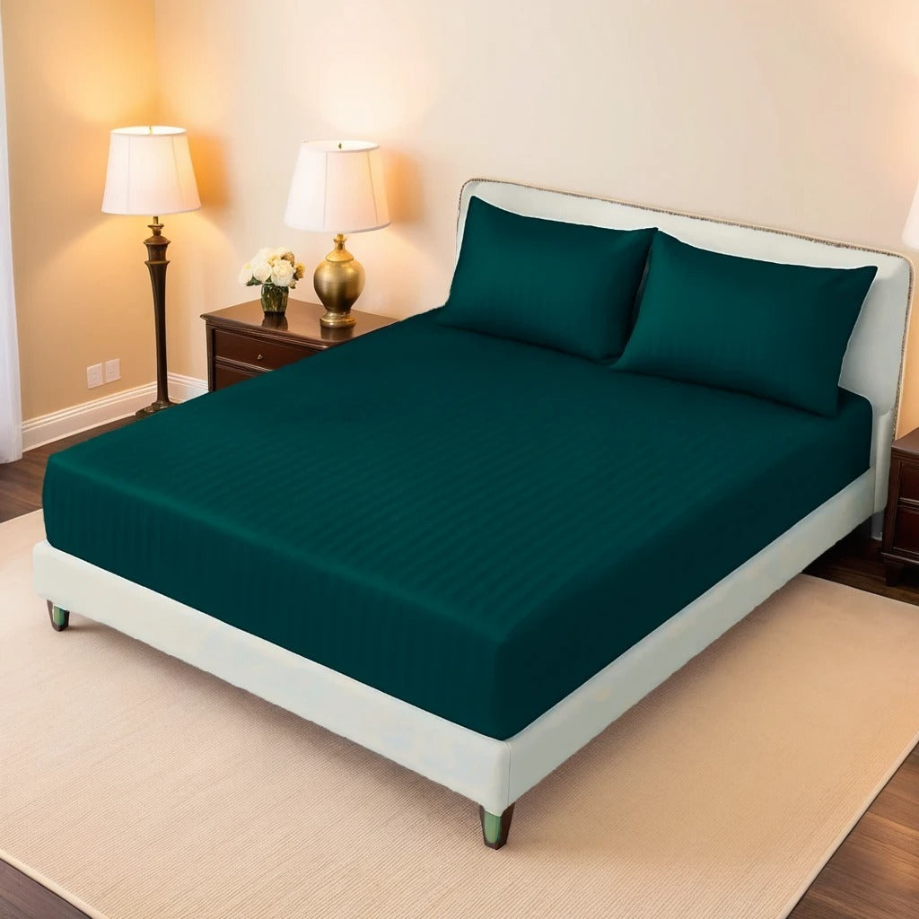 OLIVE GREEN STRIPE SATIN FITTED BEDSHEET - (PREMIUM)