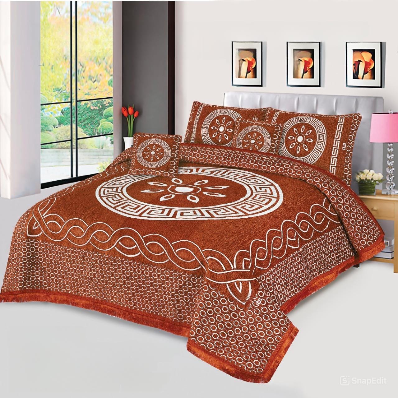 JACQUARD LUXURY ORANGE  BEDSHEET SET- 5 PCS