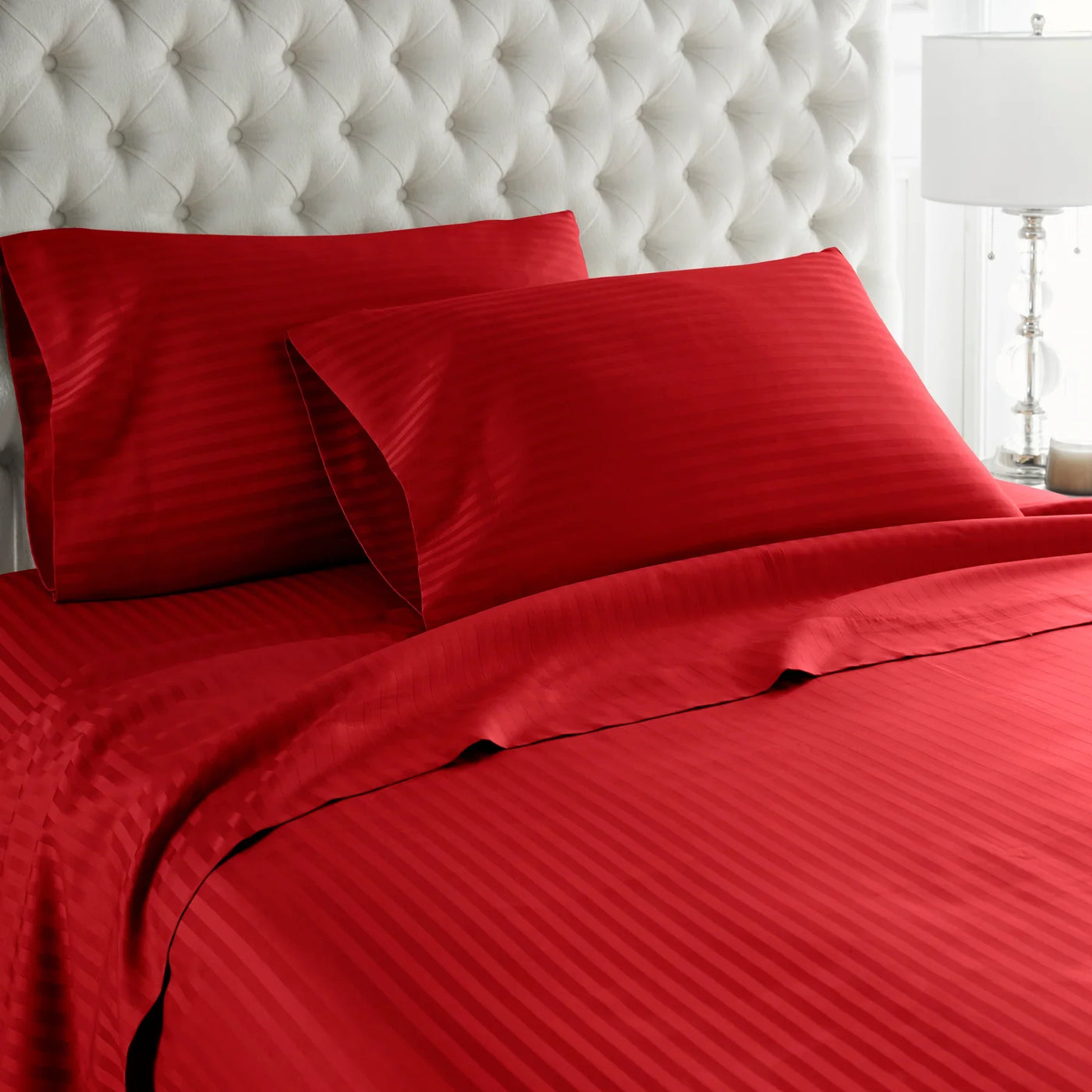 RED SATIN STRIPE DUVET SET 8 PCS | EXPERIENCE UNMATCHED LUXURY