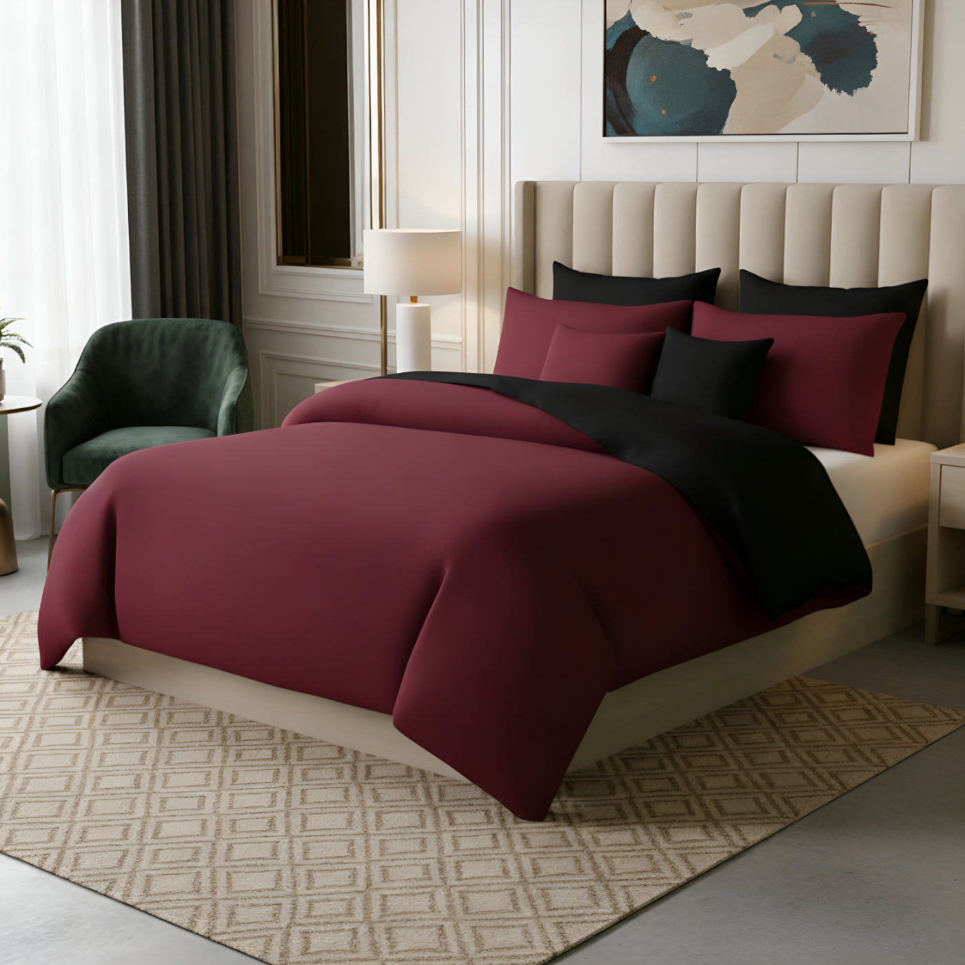 MAROON/BLACK  LUXURY DUVET COVERS SET- 8 PCS
