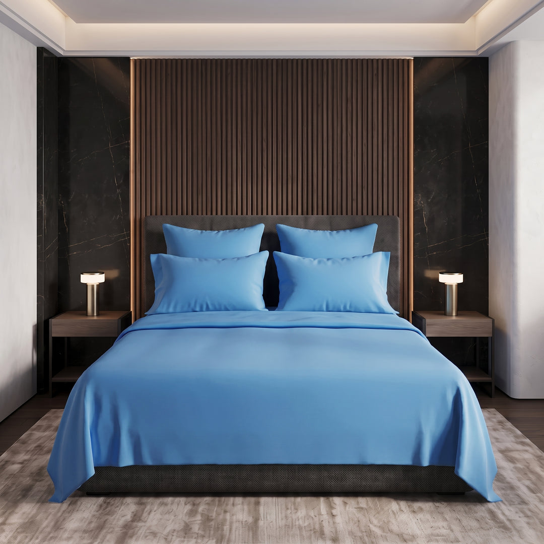 SKY BLUE LUXURY DYED BEDSHEET SET- 5 PCS